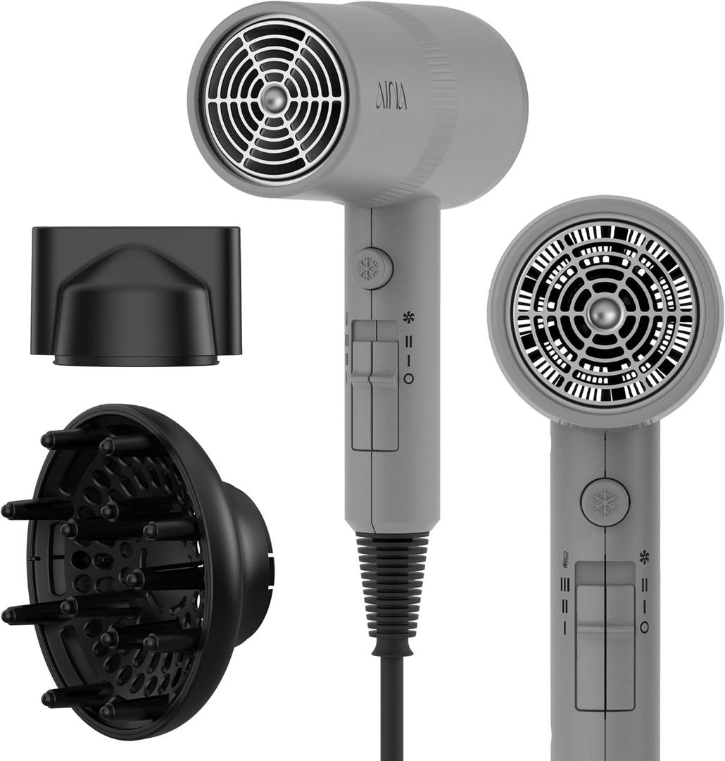 AINA Hair Dryer with Diffuser, Blow Dryer for Women | Advanced Ionic Technology, Ceramic Coating | Cold Shot Features Turbo Heat for Fast Drying and Shine 110V/ALCI(Ash Grey)