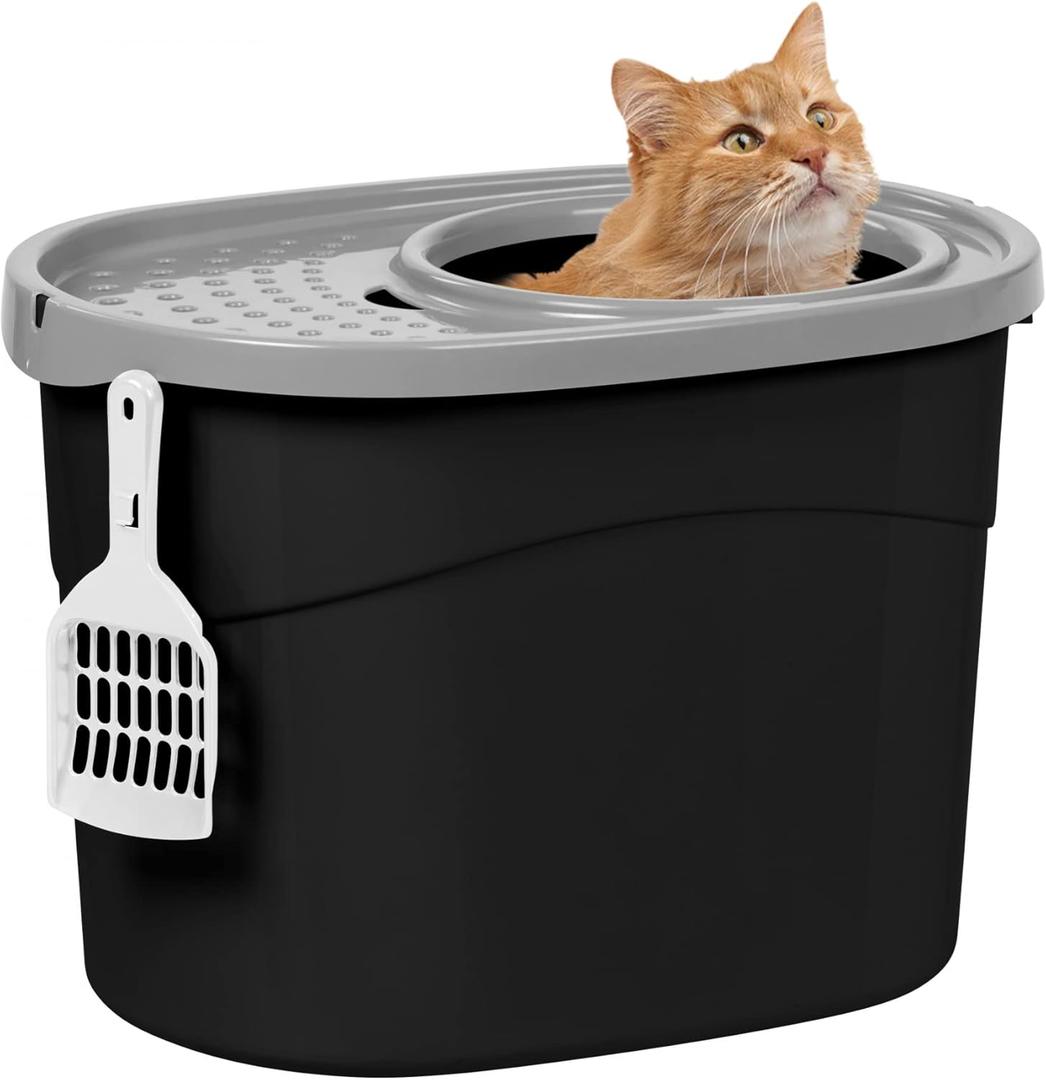 Iris Ohyama Cat Litter Box with Scoop, Up to 7kg, Black/Gray, Top Entry, Cat Litter Tray, Enclosed, for Kitten, High Sided, Hooded, Large, Jumbo, BPA Free, Deep, Easy to Clean, TECL-20