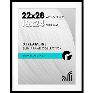 Americanflat 22x28 Poster Frame with Polished Plexiglass - Use as 18x24 Frame with Mat or Display 22x28 Photo Without Mat - Streamline Collection - Thin Border Picture Frames for Wall - Black