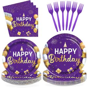 96Pcs Purple and Gold Birthday Party Decorations for Women Purple and Gold Happy Birthday Plates and Napkins Sets Princess Decorations for Girls Lady Bday Party Supplies Serves 24