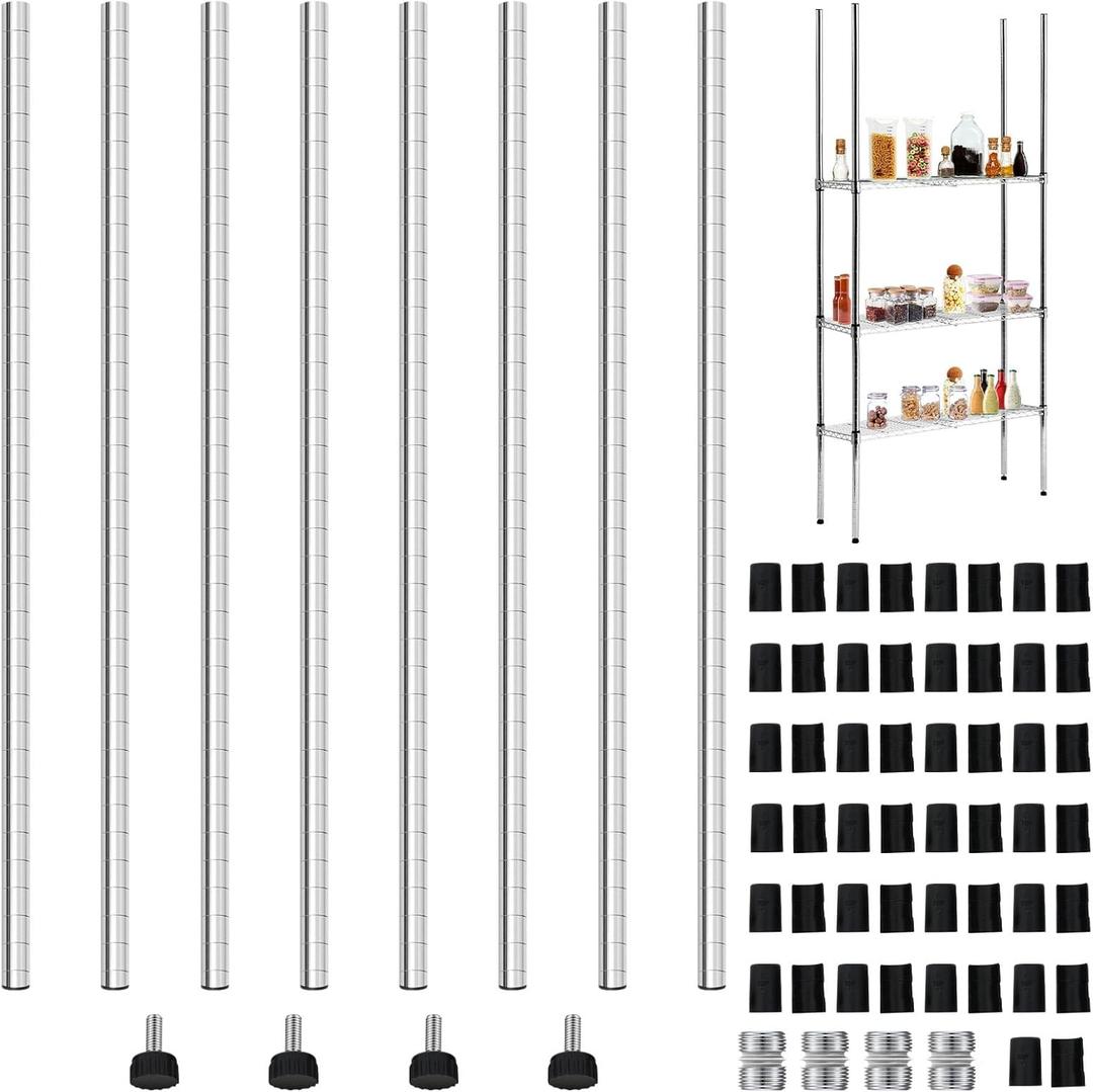 Thyle Set of 4 Wire Shelving Poles Including 8 Pcs 36'' Poles and 50 Pcs Shelf Clips, Heavy Duty Chrome Commercial Wire Shelving Parts for 1" Post Shelf Rack Accessories Replacement(74")