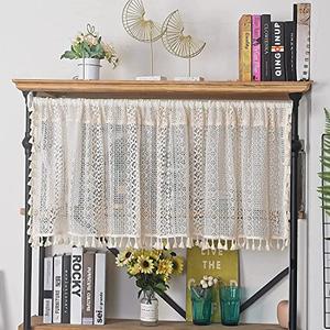 Sutuo Home Beige Boho Lace Short Curtain for Kitchen Window Curtains Over Sink,Vintage Chic Valance Crochet Bohemian Semi Sheer Farmhouse Rustic Handmade Tassels,Rod Pocket,1 Panel 59" W x 18" L