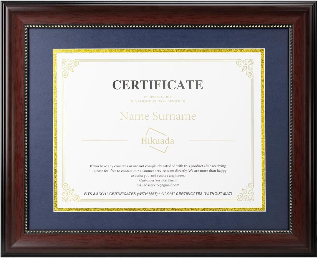 Diploma Frame 8.5x11 with Mat Navy Blue & Gold - 11x14 Display for Certificate/Degree - Graduation Gifts - Mahogany Wood with Gold Beads - Wall Mount & Tabletop Display