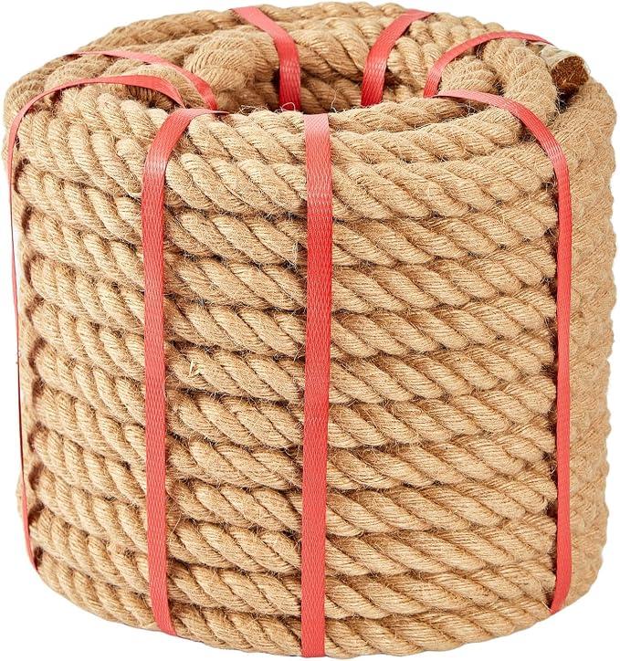 Jute Rope 1 1/4 Inch x 100 FT, Hemp Rope Twisted Heavy Duty Jute Rope, Manila Rope for Home Decor Crafts Swing Rope Railing Climbing Decorating