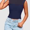 PRETTYGARDEN Women's Summer Sheer Mesh Tank Tops 2025 Trendy Casual Sleeveless Mock Neck Ruched Slim Fitted Going Out Shirts (Blue, S)