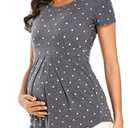 Glampunch Women's Maternity Tops Short & 3/4 Sleeve Round Neck Front Pleat Peplum Tunic Top Pregnancy Shirts, Medium