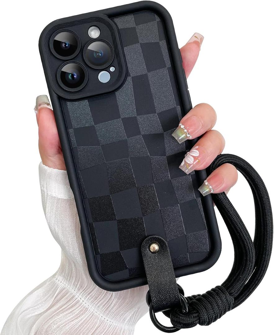 SOKAD for iPhone 16 Pro Max Case, Cute Checkered Checkerboard Pattern Phone Case with Wrist Strap for Girls Women, Slim Soft Silicone Camera Protection Shockproof Case Cover, Black