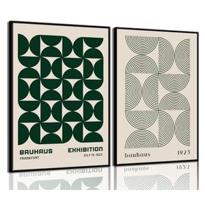 2Pcs Bauhaus Mid Century Modern Wall Art Retro Exhibition Posters Prints Green Boho Geometric Abstract Minimalist Wall Decor Pictures for Bedroom iving Room Dining Room UNFRAMED (Green, 12x16in)