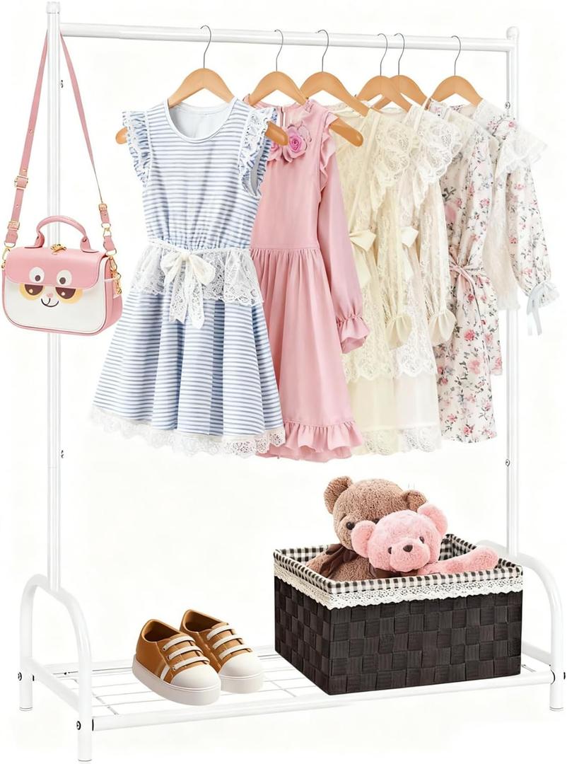 Kids Clothing Rack, Small Clothes Shelf with Metal Storage Shelf, Kids Dress Up Storage Rack, (White)