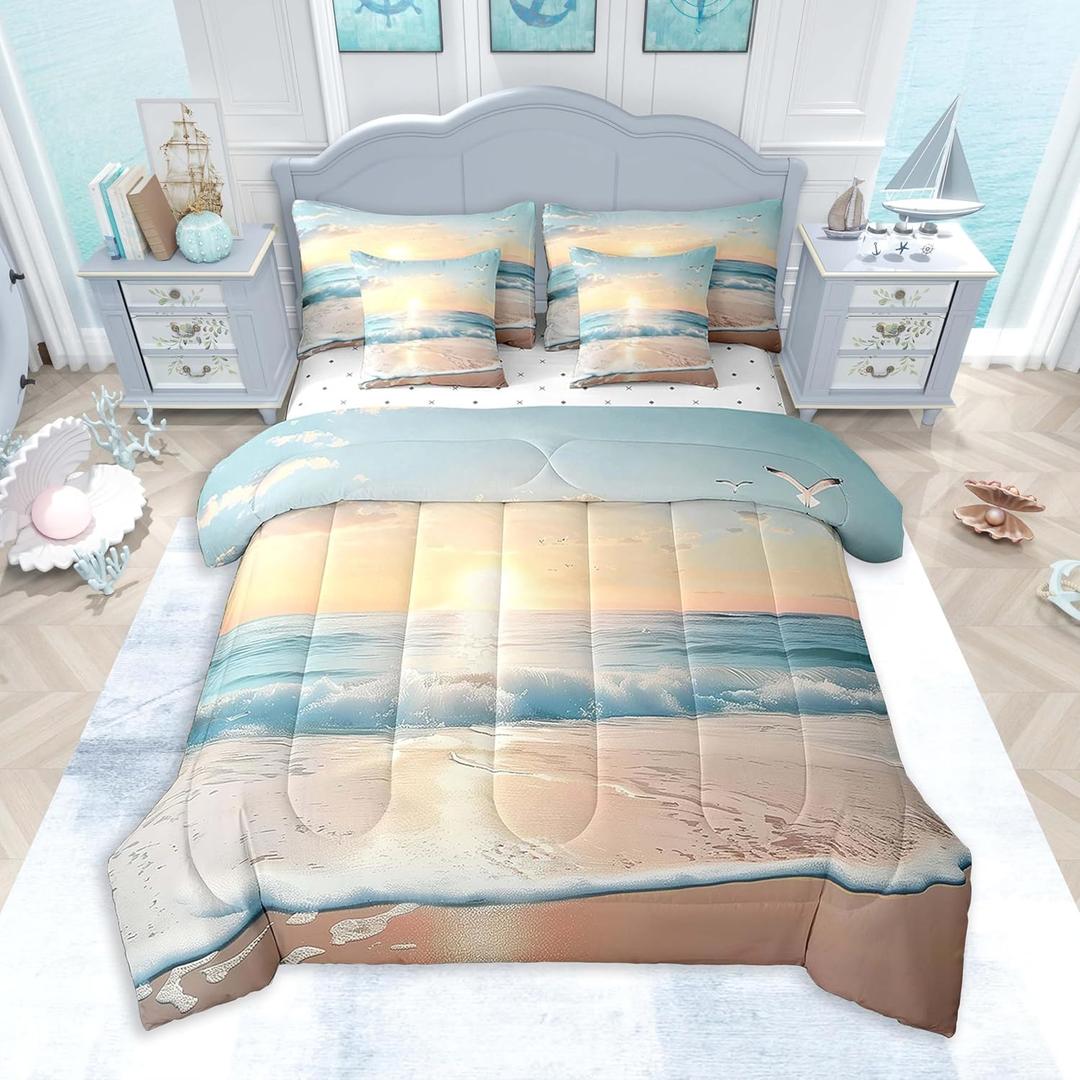Feelyou Beach Comforter Set 7 Pieces Queen Size Sunset Ocean Sea Seagull Bedding Set for Boys Girls Natural Landscape Bed in a Bag with Comforter, Sheets, Pillowcases & Cushion Covers (Blue and Yellow) (1 queen comforter 90"x 90", 2 standard pillowcases 20"x30", 1 queen fitted sheet 60"x80"x16", 1 flat sheet 90"x102", 2 cushion covers 18"x18")