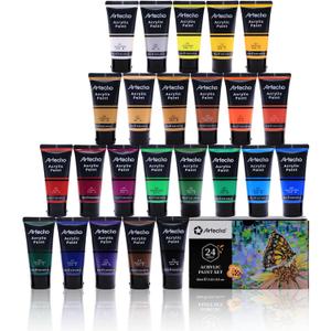 Artecho Professional Acrylic Paint Set, 24 Basic Colors Tubes (60ml / 2.02oz) Art Craft Paints for Canvas, Rock, Wood, Fabric, Art Supplies, 48.48 Fl Oz
