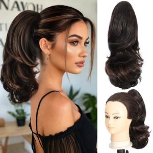 Tmlkhl Ponytail Extension 14 Inch Soft Curly Claw clip Ponytail Extension Highlight Brown Pony Tail Hair Extensions for Daily Use Short Curly Ponytail Drawstring Clip on Hair Extensions for Women,128 Fl Oz (Pack of 1)