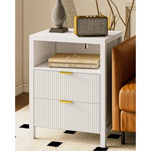 Night Stand with Charging Station, 2 Drawers Modern Bedside Tables with Storage, Fluted Nightstand for Bedroom and Living Room(White)
