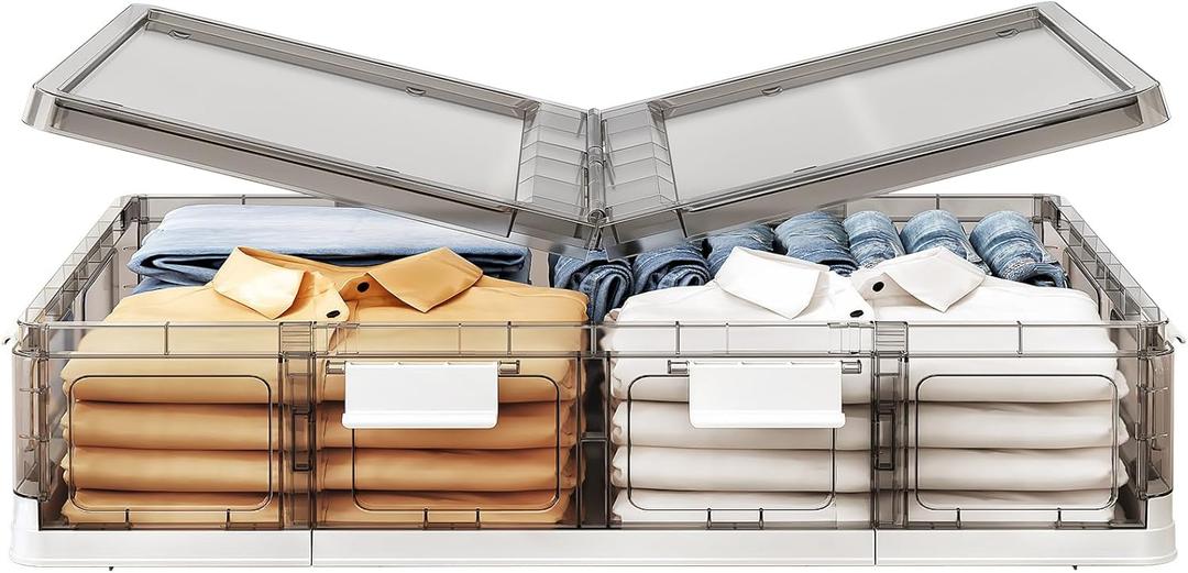 Kitstorack Clear Plastic Under Bed Storage Containers Bins with Lids and 8 Pre-installed Wheels,37.8 Qt, Rolling Foldable Flat Under Bed Organizer Boxes for Clothes Shoes Clothing Bedroom (1 Pack)