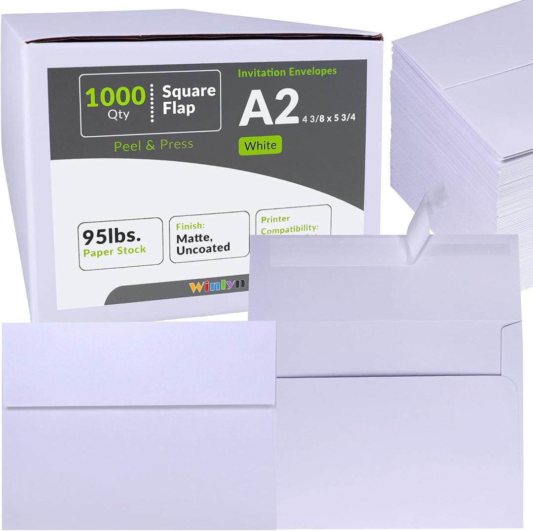 Winlyn 1000 Pcs White A2 Invitation Envelopes, Peel & Press Self Seal, 4 3/8 x 5 3/4 Square Flap, RSVP & Return Envelopes, 95lb. Paper, Perfect for Announcements, Greeting Cards, Letters