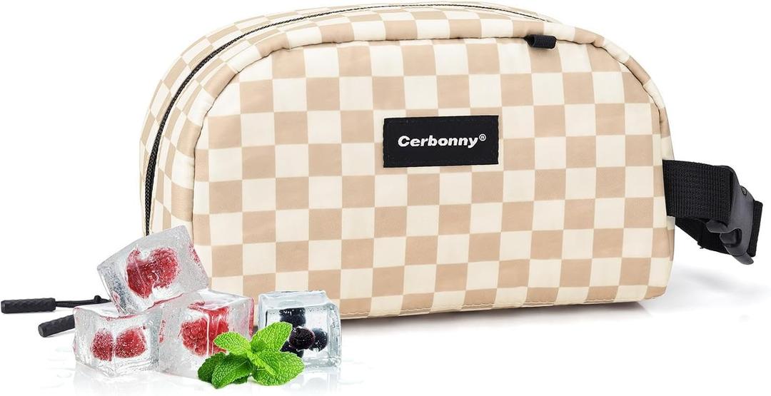 Small Cooler Bag Freezable Lunch Bag for Work School Travel,Leak-proof Small Lunch Bag,Small Insulated Bag For Kids/Adults,Freezer Lunch Bags,Freezable Snack Bag,Mini Lunch Bag 9.8x5.5x4 inch (Khaki Checkerboard-Large size)