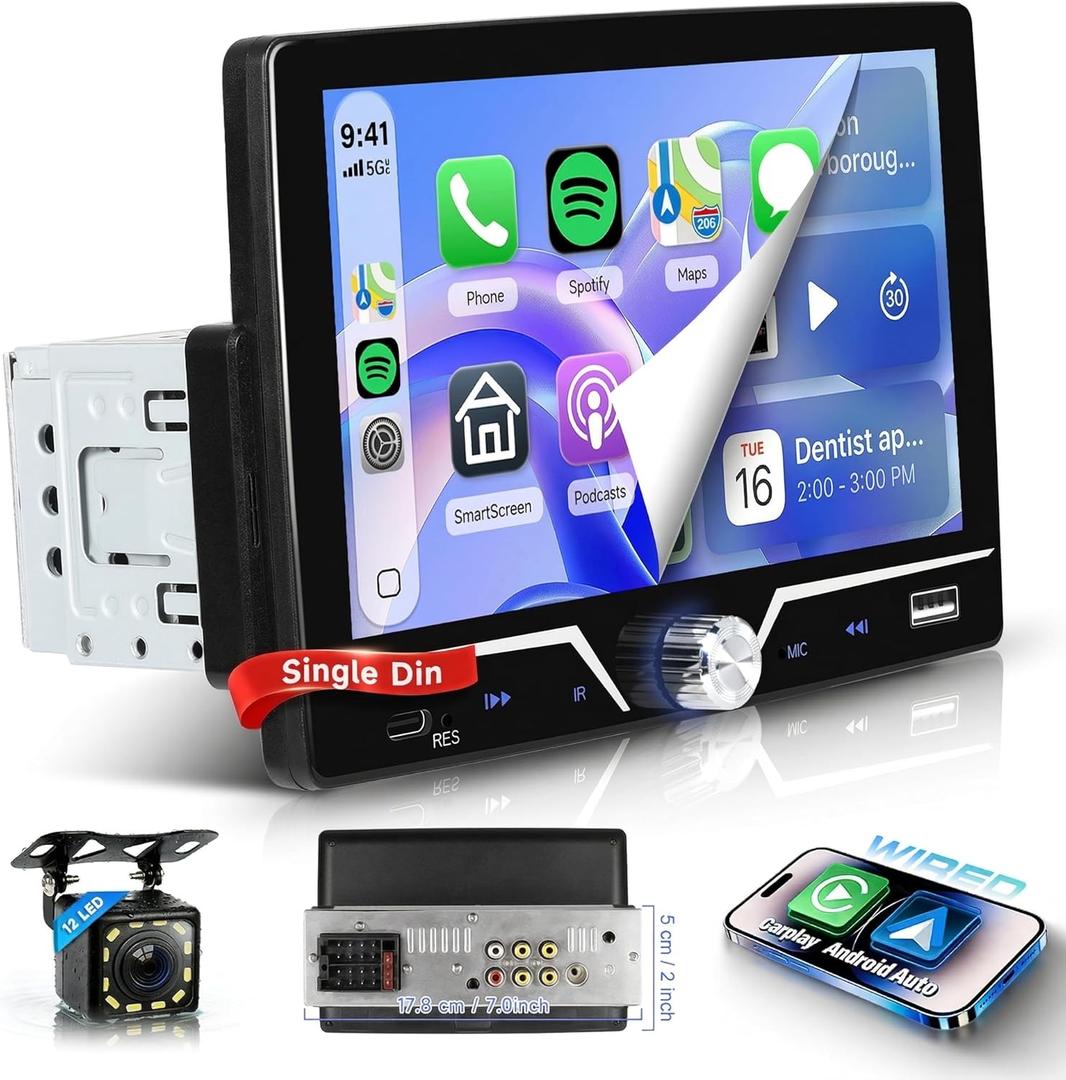 Single Din Car Stereo with Wired Carplay Android Auto, Sellrich 7 inch Touch Screen Bluetooth Single Din Car Radio with Mirror Link FM Radio USB/AUX/Type-C Ports+Backup Camera