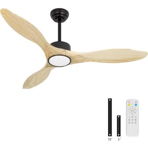 52 inch Ceiling Fans with Lights and Remote, 3 Natural Wood Blades, Modern Indoor/Outdoor Ceiling Fan for Living Room Bedroom Farmhouse Patio, 6 Speeds, Dimmable, Noiseless Reversible DC Motor