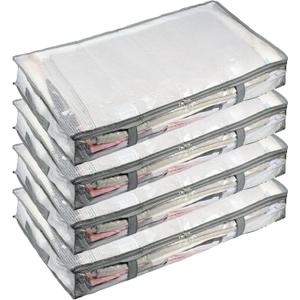 4PCS Under Bed Storage Containers Bins, Humid-Proof Plastic Underbed Storage Bins, Under Bed Fabric Zipper Storage Container Bags with Window and Handles for Clothing, Bedding, Comforter