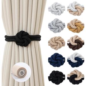 Magnetic Curtain Tiebacks Holdbacks - Wood Tie Backs Rope Holder with Floral Knot Design for No Drill Easy Install, Modern Boho Home Decor (2Pack, Black)