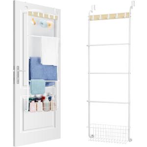 Over The Door Towel Rack, 5-Tier Towel Racks for Bathroom Door Hanging, White Over Door Towel Bar Rack, Door Blanket Holder for Clothes, Washcloths,Hand Towels, Over The Door Bathroom Organizer