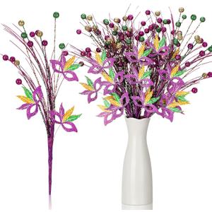 Norme Orme 6 Pcs 16 Inch Mardi Gras Picks Decoration Glitter Purple Green Gold Mardi Gras Floral Picks and Sprays Artificial Berry Stems Carnival Tree Branch Table Centerpiece for Party Vase Ornament