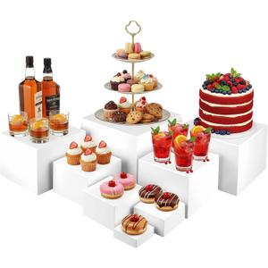 White Acrylic Buffet Risers 8 Pcs, Food Display Stands for Buffet Table Party Catering Dessert Jewelry Collectibles, Acrylic Cube Nesting Boxes with Hollow Bottoms 8 Sizes (10"-9"-8"-7"-6"-5"-4"-3")