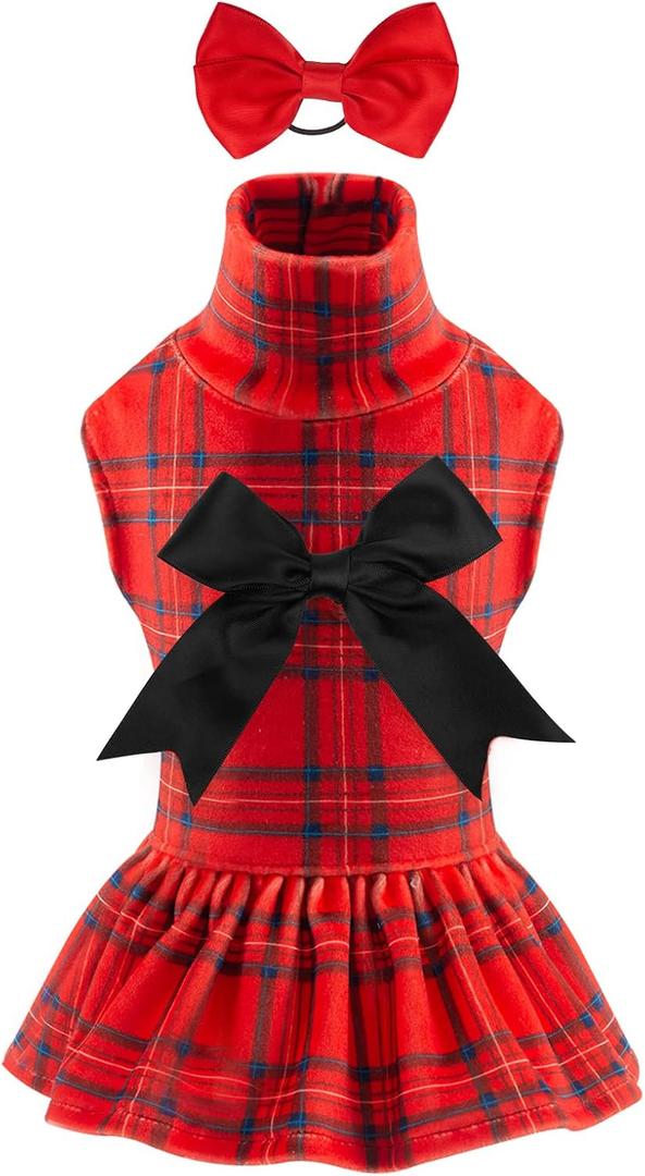 CuteBone Turtleneck Dog Christmas Dress Velvet Puppy Skirt Costume Pet Clothes Cat Apparel with Bow Hair Rope for Small Dogs CVD05M, M