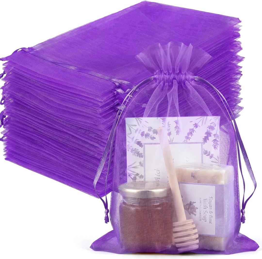 FUNFERY 100 Pcs Purple Organza Bags 6.5x9 in, Small Mesh Drawstring Gift Bags for Sachet, Jewelry, Candy, Wedding Favor, Easter Day