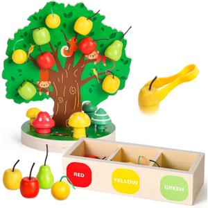 Woodtoe Toddler Fine Motor Skill Toys, Fall Autumn Apple Picking Magnetic Tree Toy, Montessori Wooden Sensory Toys for Toddlers, Sorting and Matching, Educational Early Learning Activity for Ages 3+