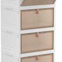 Foldable Storage Bins Boxes with Lid Wheels and Magnetic Door, Collapsible Stackable ABS Organizer for Kitchen Cloakroom Closet Living Room & Office 4 Tier