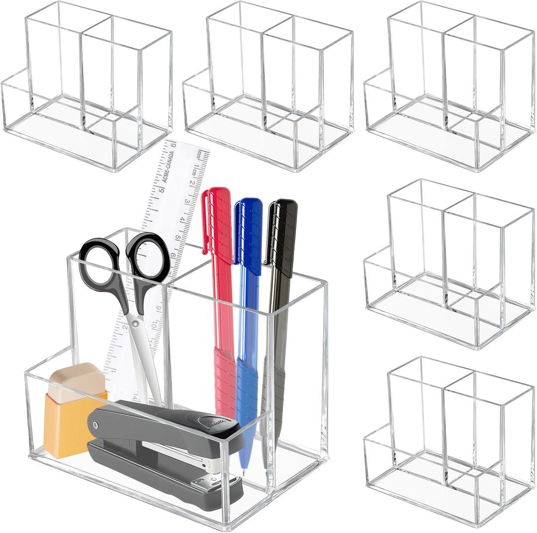 6 Pcs Acrylic Pencil Holder for Desk, Acrylic Desk Organizer with 3 Compartment, Pen Organizer Makeup Brush Organizers Pen Holder for Desk for Vanity Home Office, Classroom
