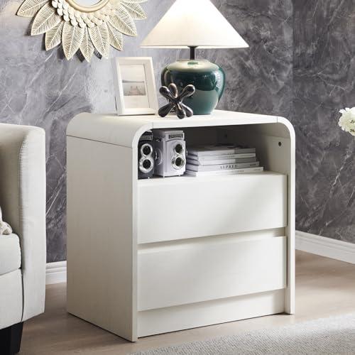 Aitjunz 25" Tall Modern Nightstand with Charging Station, 23.6'' Wide Wood Bedside Table w/2 Storage Drawers, Large Mid Century End Table for Bedroom, Living Room, Curved Profile Design, White