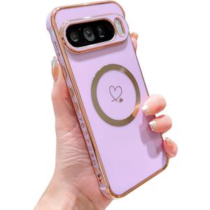 SUYACS Magnetic for Google Pixel 9 Pro XL Phone Case Compatible with Magsafe Case Cute Heart Luxury Electroplated Plating Edge Shockproof Protective Cover Wireless Charge Drop Bumper