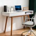 Artswish White Wood Desk with Drawer, 42" Mid Century Modern Writing Desk | Soild Wood Legs, Reinforced Structure, Hidden Drawer & Open Cubby Storage, Built-in Cable Management for a Clean Workspace