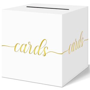 QIKSION White Wedding Card Box, Gold Foil  Box for Party, Wedding Reception, Birthday, Graduation Decorations, Baby & Bridal Shower, Anniversary, Retirement