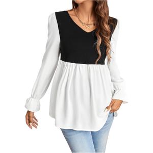 MakeMeChic Women's Maternity Blouse Color Block Long Sleeve V Neck Flared Babydoll Peplum Tops (XX-Large, Black and White)