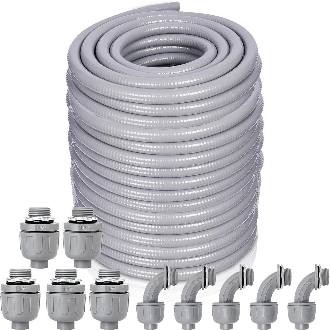 1 Inch 150 FT Non Metallic Liquid-Tight Conduit and Connector Kit - Includes 5 Straight and 4 Angle Fittings for Electrical Wiring