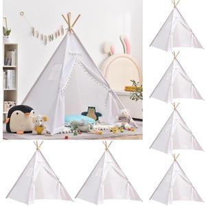 6 PCS White Kids Teepee Play Tent, Foldable Washable Tipi Tent Kids Boho Tent, Playhouse for Girls Boys Sleepovers Party Birthday Party Slumber Party for Indoor Outdoor Games