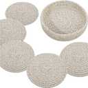 5 Set of Round Woven Cotton-Polyester Placemats, Heat Resistant Anti Slip Durable Mats for Dining Kitchen Table, Beige