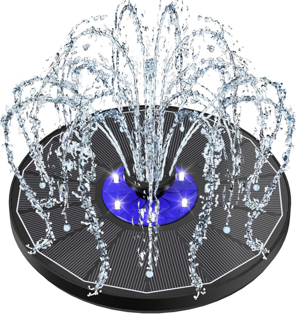 SZMP Solar Fountain Pump with White Lights & 2200mah Battery, 3.5W Glass Bird Bath Fountains with Upgraded Blue Flower with 7 Nozzle & 4 Fixer, Solar Powered Water Fountain for Garden, Pool, Outdoor