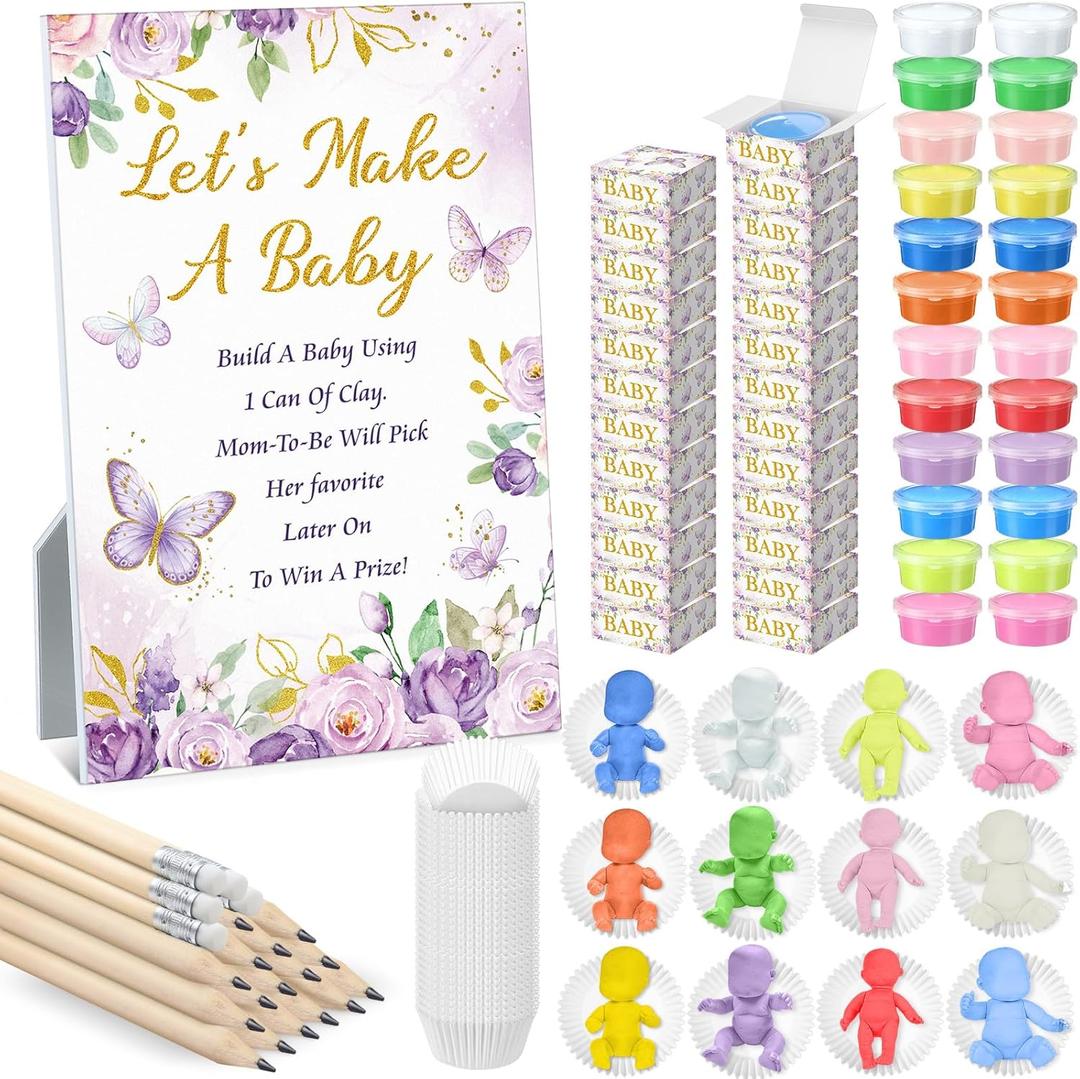 Blosssound Funny Baby Shower Games Decorations Let's Make a Baby Clay Game Sign Set 24 Play Clay 24 Pencils Shower Gender Reveal Game Activities Adults Boys Girls(Pink and Purple Butterfly)