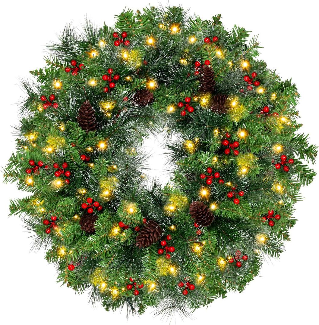 24 Inch Artificial Christmas Wreath with Red Berries,Pinecone,Pine Needles, 50 LED Lights with Timer,Battery Operated, Xmas Door Wreath for Indoor Outdoor Windows Wall Holiday Decor