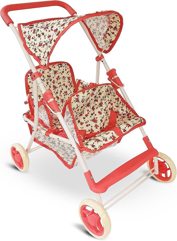 Double Doll Stroller for Twin Dolls & Toddlers - 25' Floral Tandem Play Toy Stroller