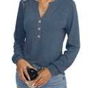 EasyGala Womens V Neck Long Sleeve Shirts Henley Dressy Casual Tops Loose Fit Trendy Tees Fall T Shirts Outfits 2025 Navy Blue (L)