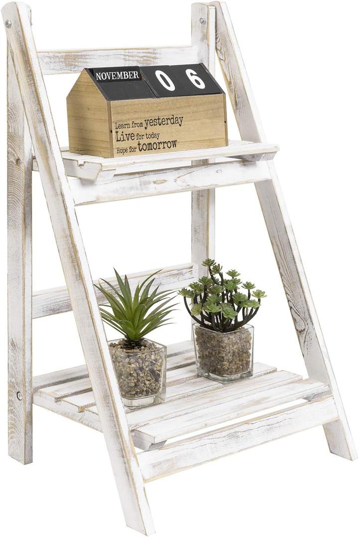 MyGift 2 Tier Rustic Whitewashed Solid Wood Freestanding Foldable Indoor Plant Stand, Decorative Wooden Display Shelf, Medium