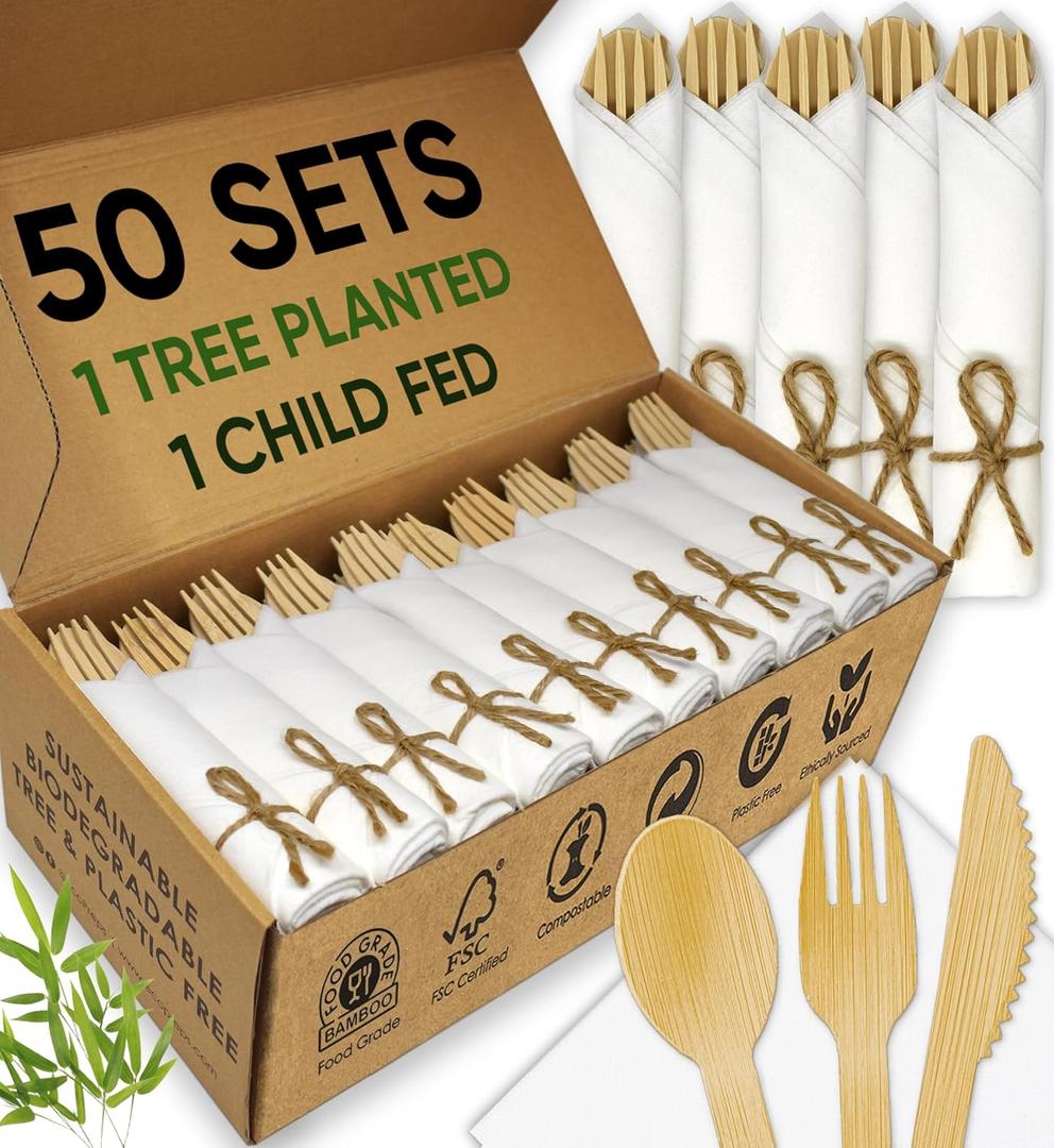 Premium Pre-Rolled Napkin and Bamboo Cutlery Set (50 Pack, 200 PCS) 100% Biodegradable, Eco-Friendly, Disposable Wrapped Cutlery - Includes Pre-Wrapped Bamboo Forks, Knives, Spoons, & Napkins
