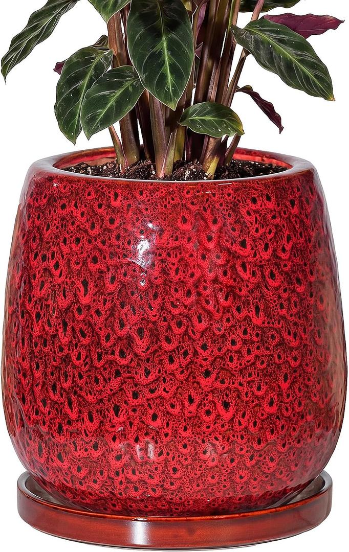 10.3 Inch Ceramic Glaze Plant Pot with Saucer, Flower Pots with Drainage Hole Mesh Net (Spot Red)