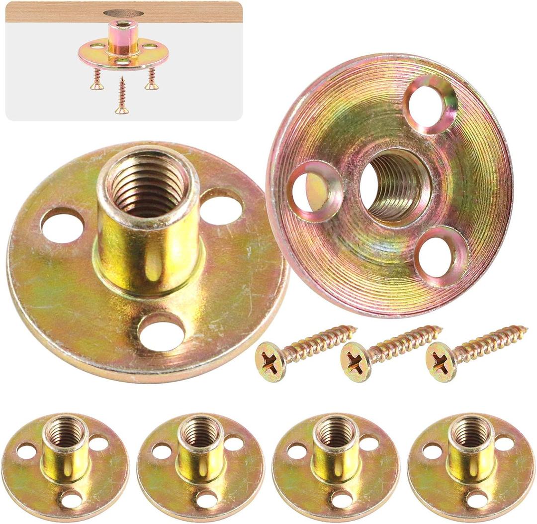 Hilitchi 64Pcs M10 Brad Hole Tee Nut Carbon Steel Screw in T Nuts Round Base Mounting Hardware Fitting Fastener Flange Insert Female Thread with Screws (M10-64PCS)
