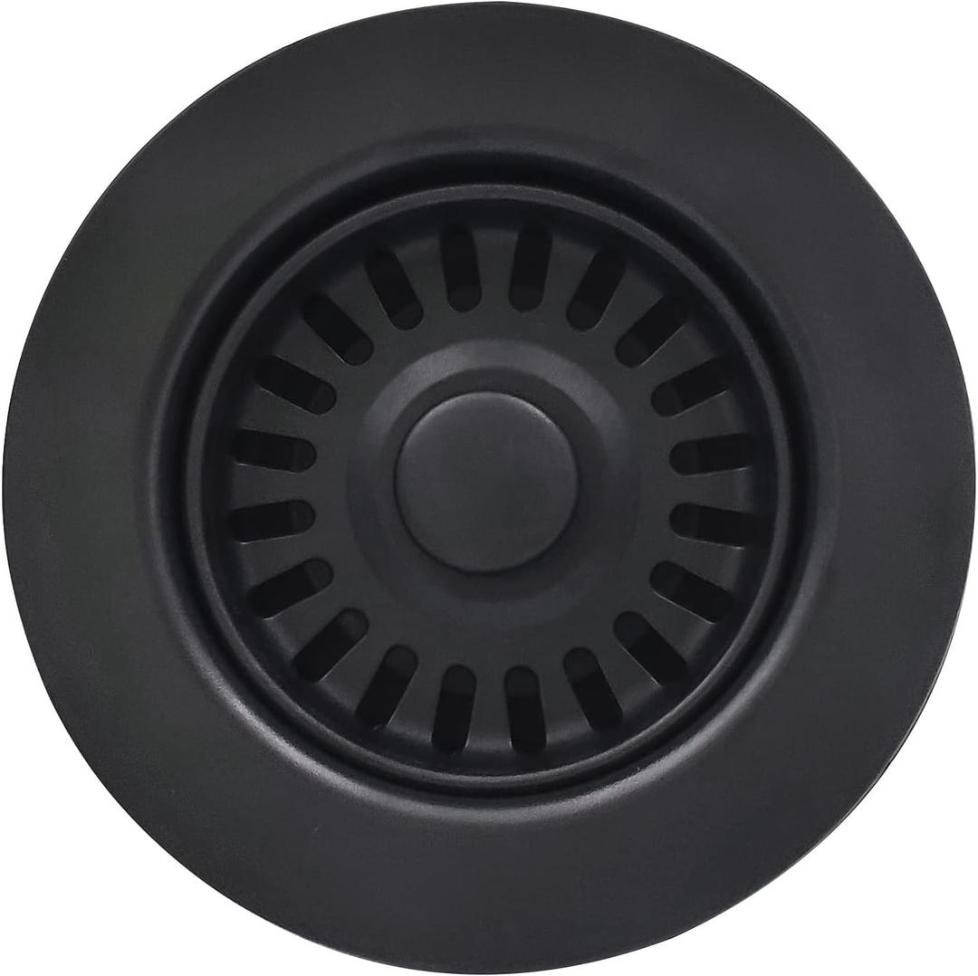 3-1/2 Inch Polymer Black Sink Drain Assembly with Basket Strainer and Stopper for Quartz, Granite or Fireclay Kitchen Sinks